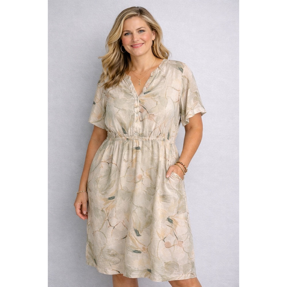 Naturals d&co. Dress Women Large Beige Floral Button Linen Blend Midi Earthy